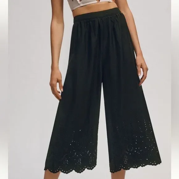 Anthropologie Black Eyelet Cropped Wide-Leg Pants - Picture 2 of 11